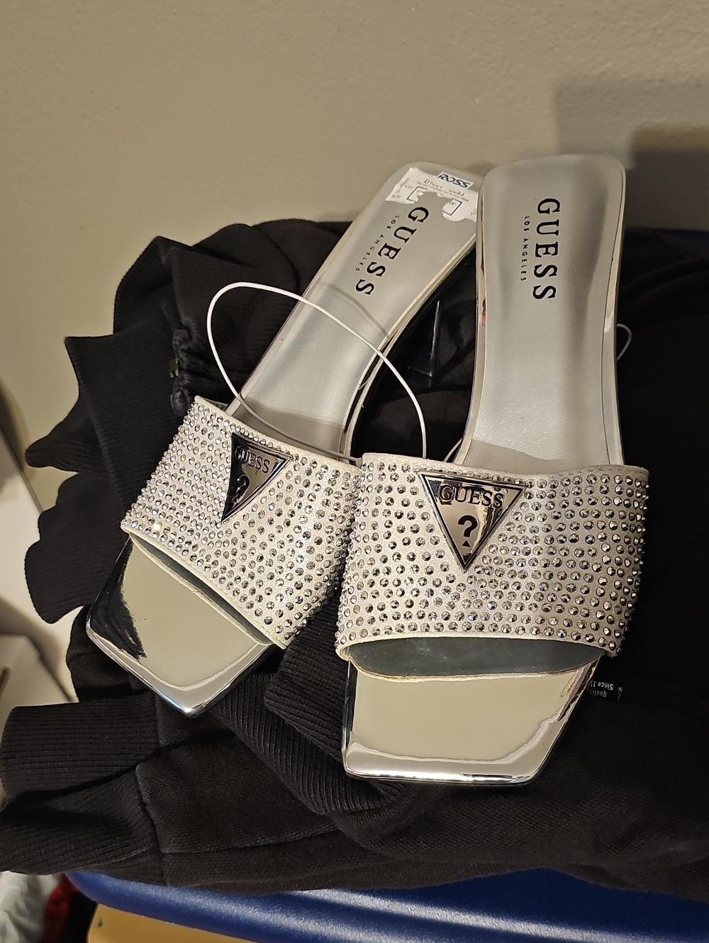 GUESS Silver Crystal-Accent Slide Mules